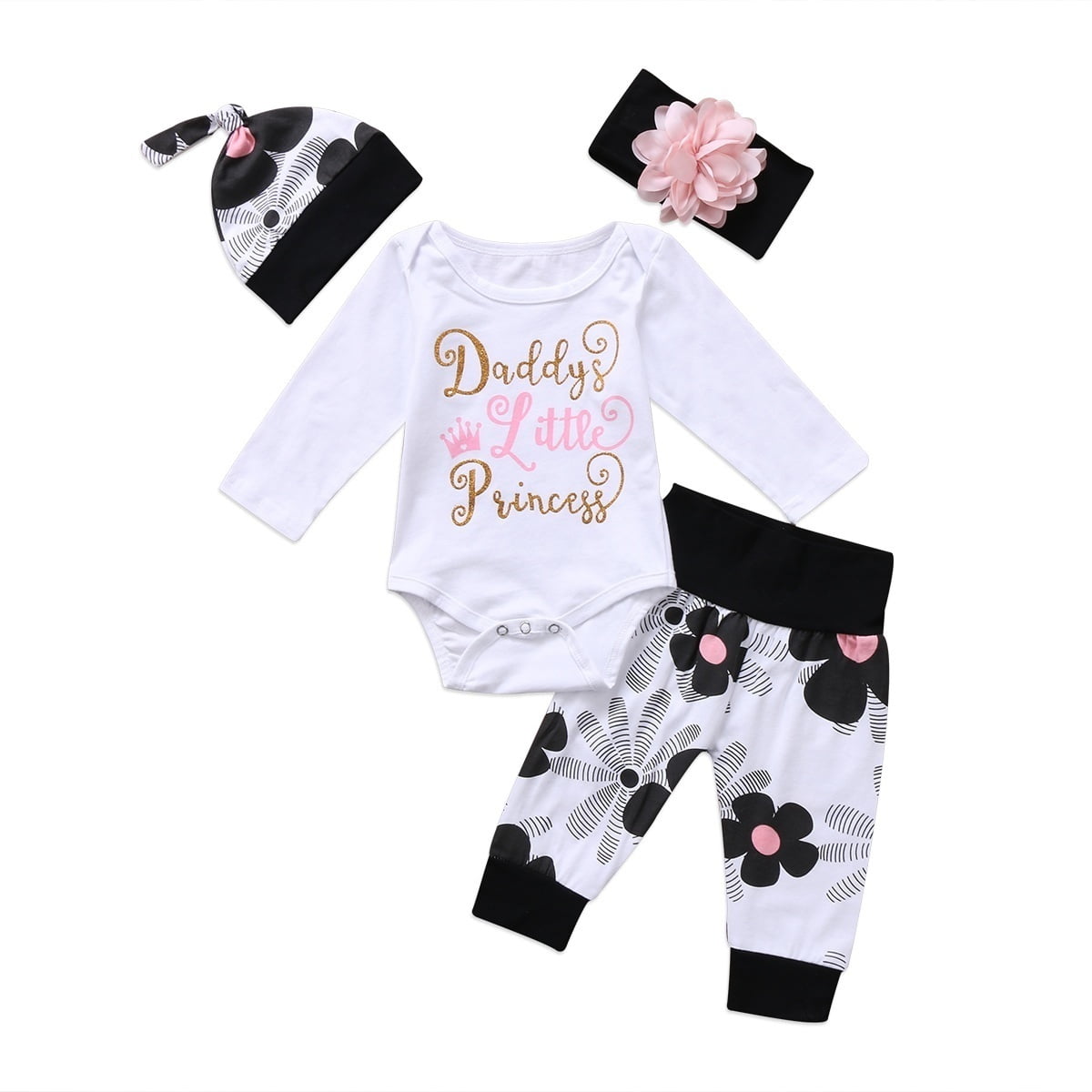 4PCS Newborn Infant Baby Girl Outfits Clothes Romper Jumpsuit Bodysuit+Pants Set
